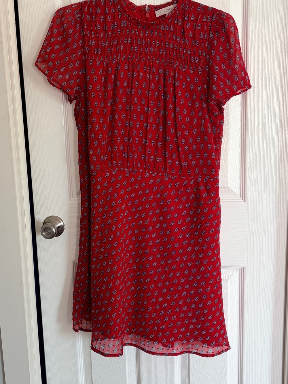 LOFT Red Short Sleeve Smocked Yoke Dress with Blue Paisley Print